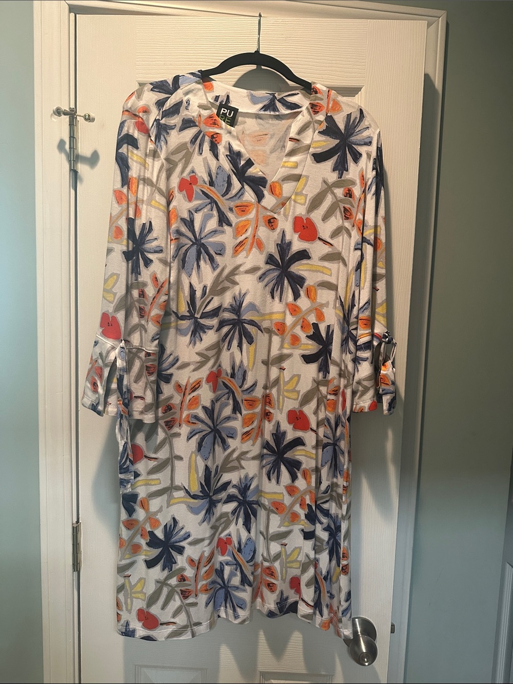 PURE Floral V-Neck Tunic Dress in White with Navy & Coral Print